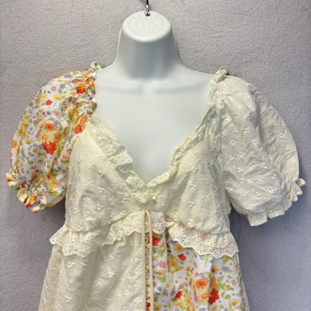 Milkmaid Floral Patchwork Sundress Womens Medium Smocked Puff Sleeve Cottagecore - Picture 6 of 11